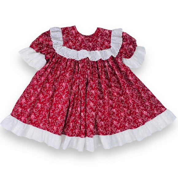 Vintage Girls Burgundy Red Prairie Cottage Floral Lace Ruffle Dress 4T / 4 - Picture 1 of 8